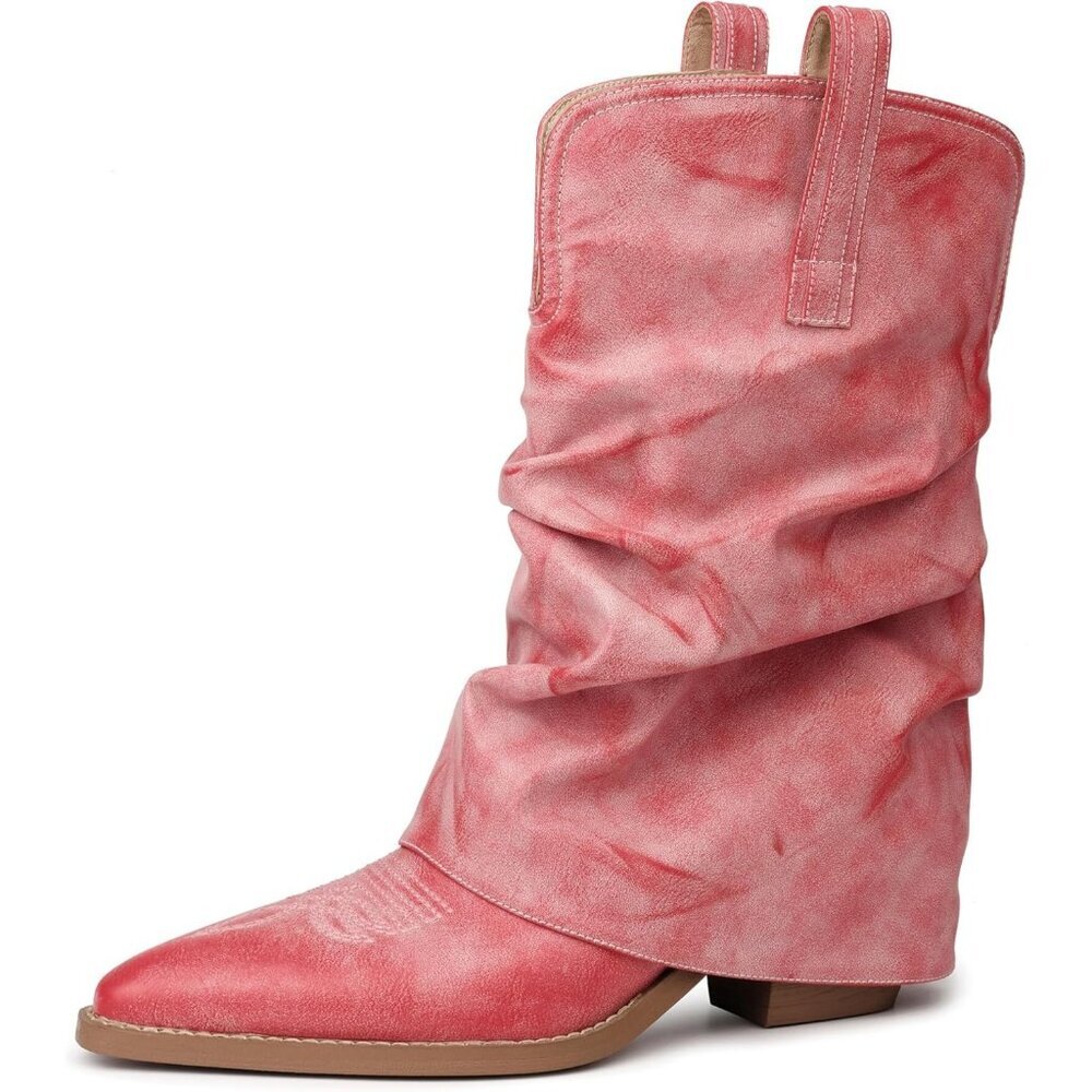 Women's Pink Leather Vintage Retro Mid Calf Chunky Heels Western Cowgirl Boots